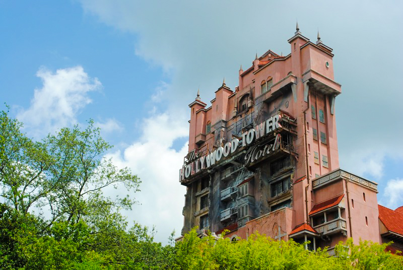 Close-up of the Hollywood Tower Hotel façade.