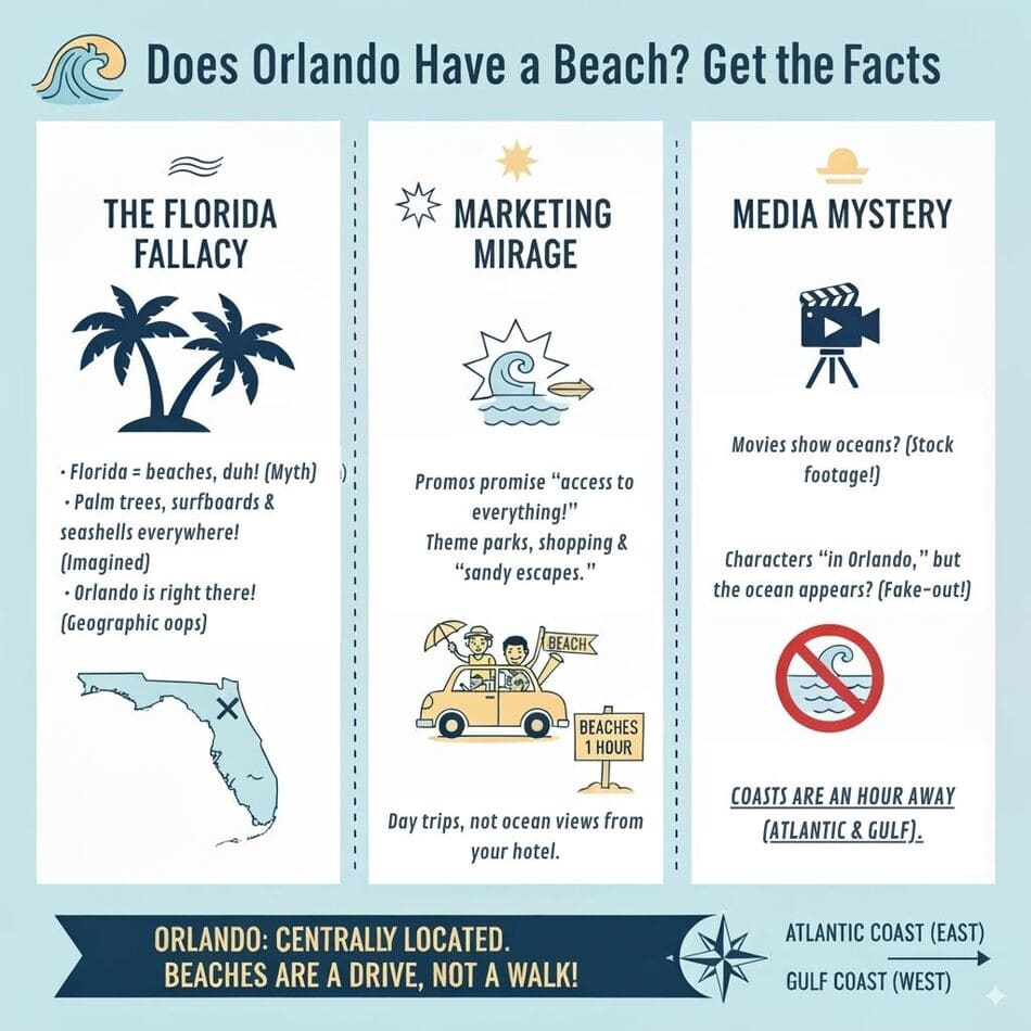 Infografía que muestra por qué muchas personas piensan que Orlando tiene playa