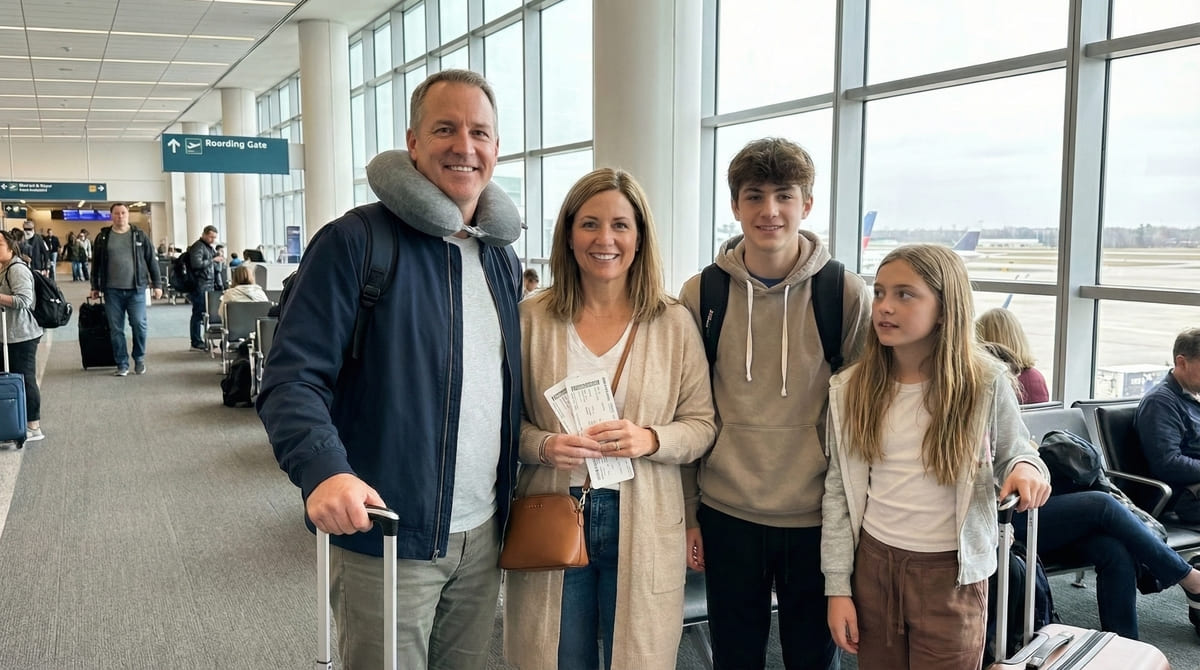 Smiling family with luggage at the airport terminal ready for their trip