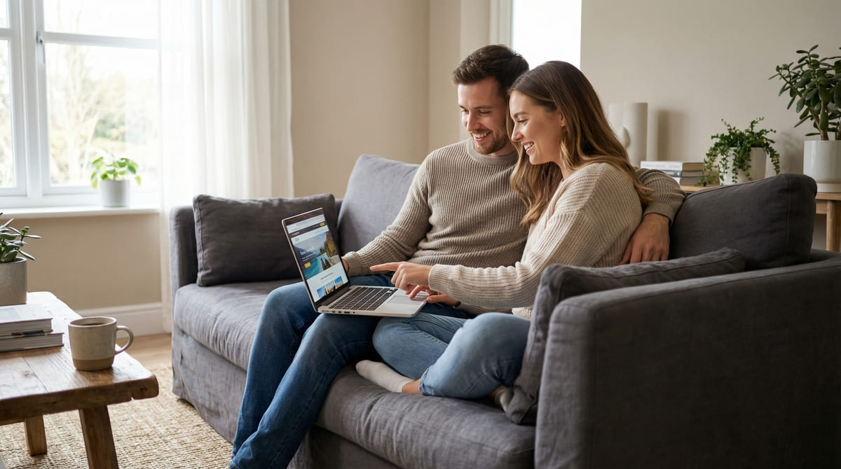 Couple planning vacation on laptop