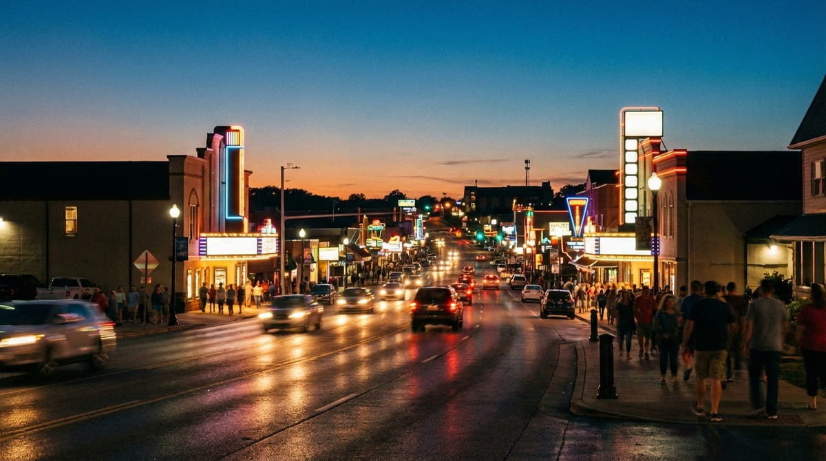 Branson Highway 76 strip at sunset with neon signs