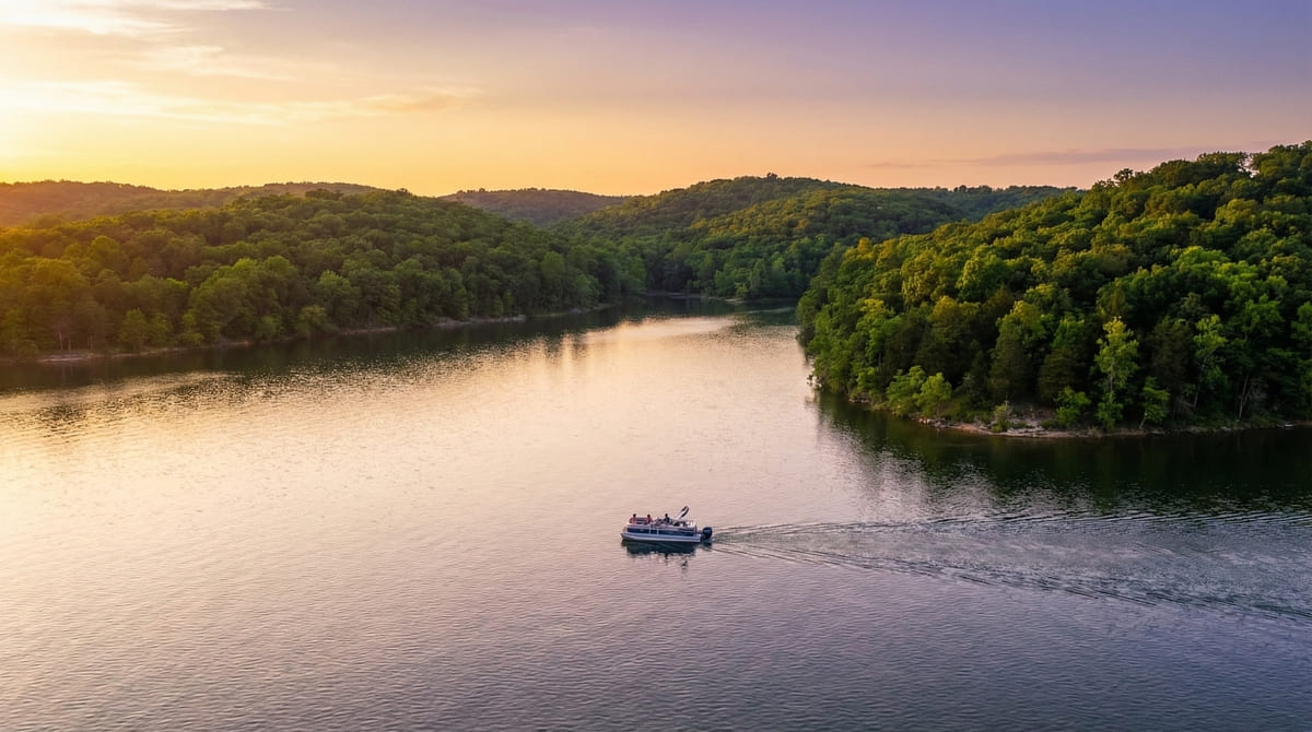 Sunset over Table Rock Lake with a boat in the Ozarks