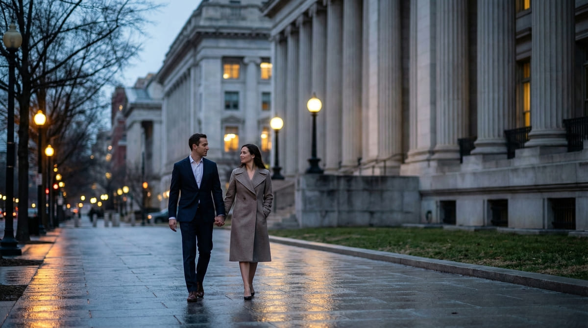 Sophisticated couple walking hand-in-hand past historic D.C. architecture at twilight