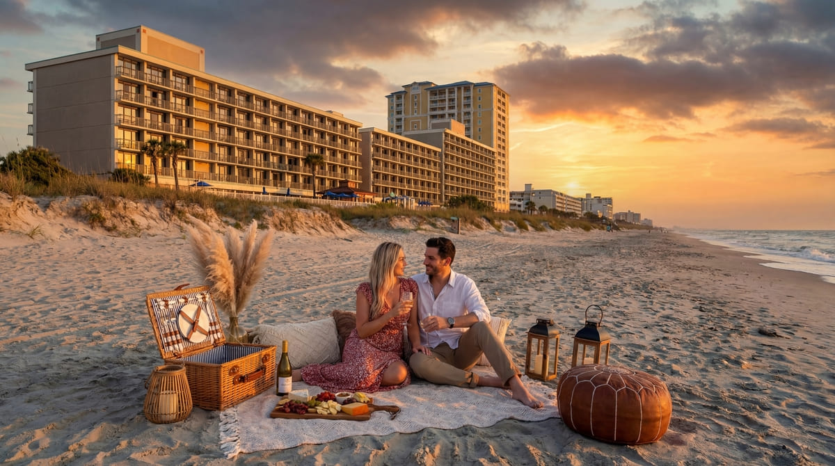 Couple enjoying boho beach picnic at sunset with Westgate Resort in background.