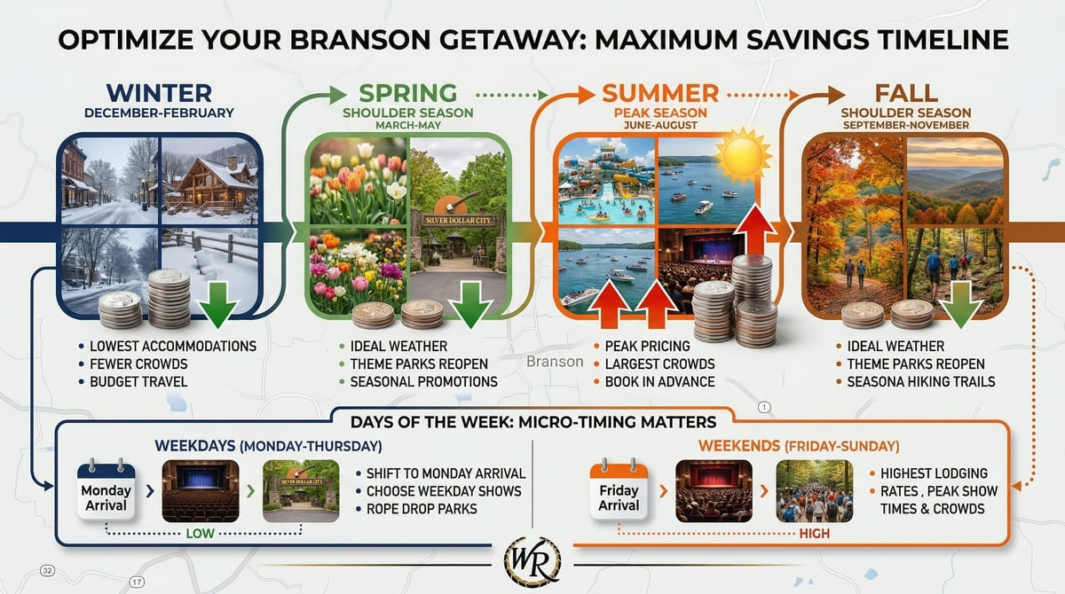 A visual timeline showing Branson travel savings by season and day of the week