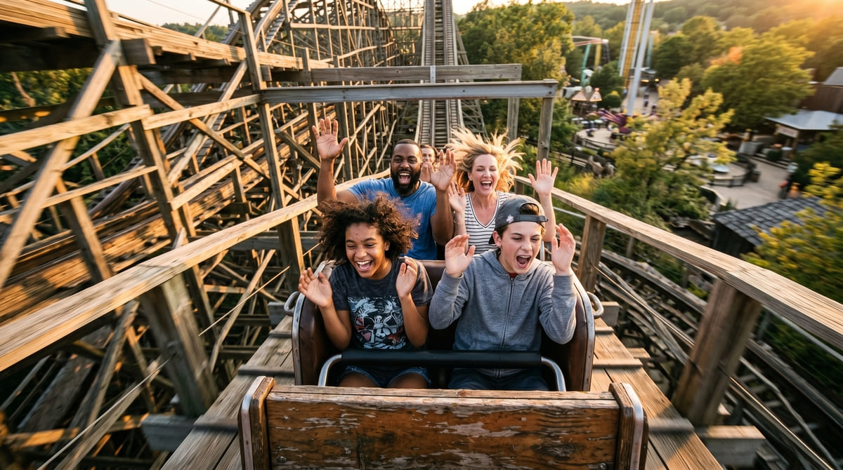 Cinematic photograph of a family of four screaming and laughing on a wooden roller coaster in Branson, in golden hour sunset light.