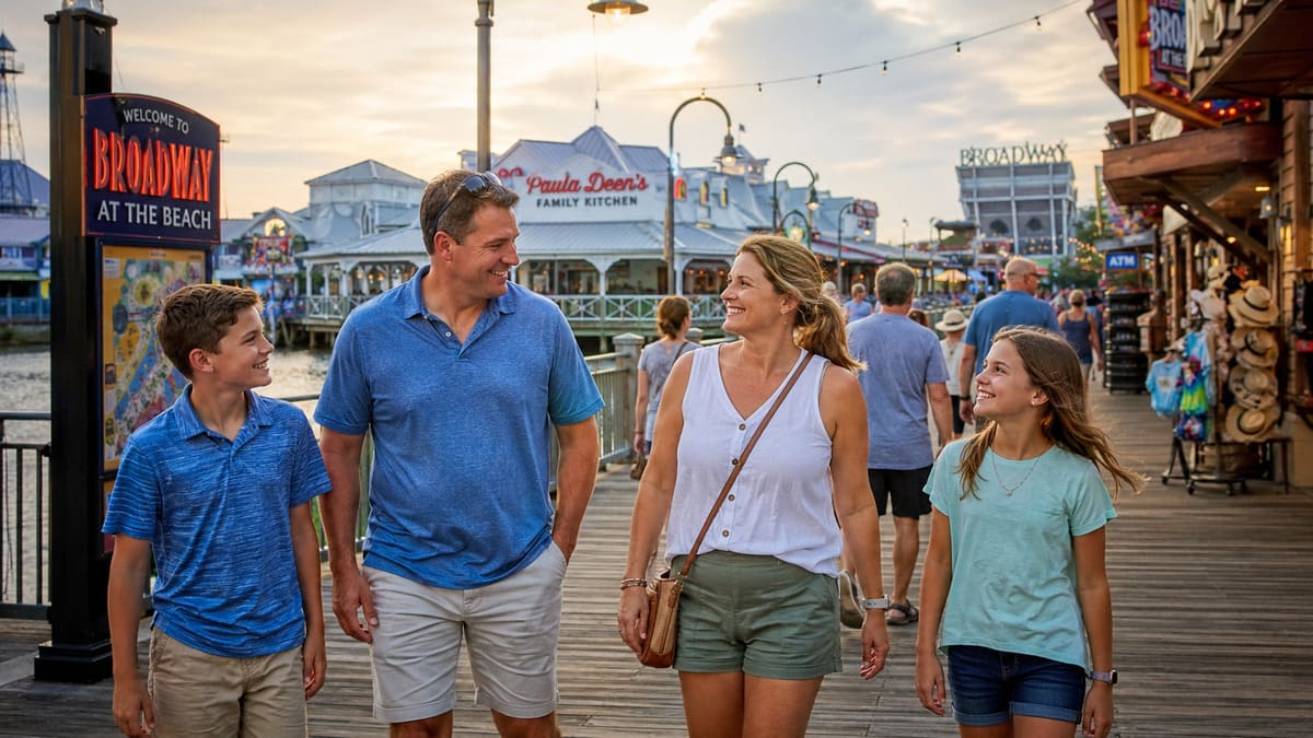 Family walking through Broadway at the Beach during a relaxed afternoon in Myrtle Beach.