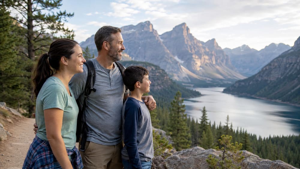 Father, mother, and son pausing on a scenic trail with mountain and lake views in a national park.