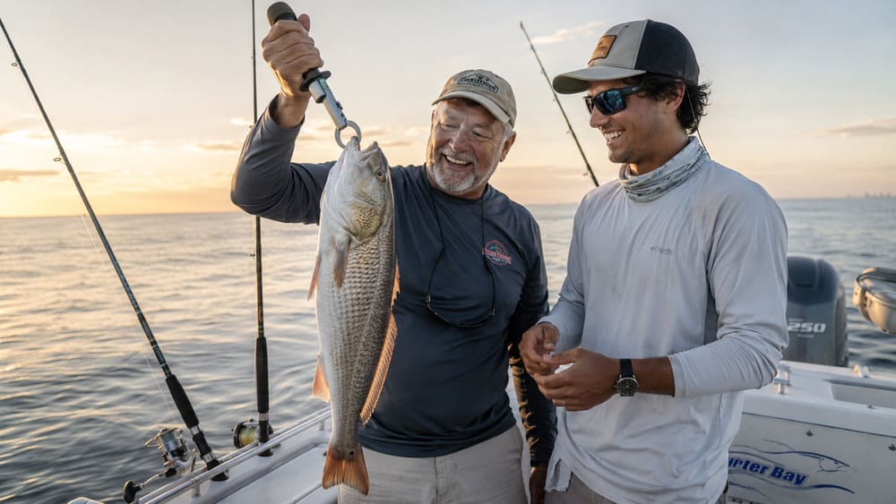 Older father and young adult son smiling on a fishing charter boat after landing a catch at sunrise.
