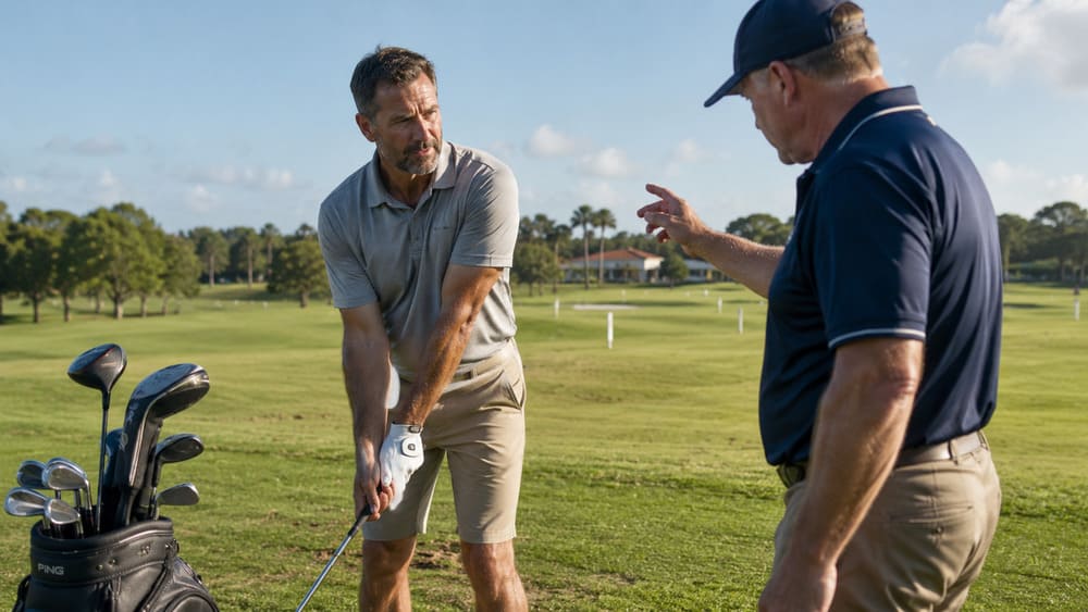 Father receiving golf instruction on a sunny driving range while preparing for a swing.
