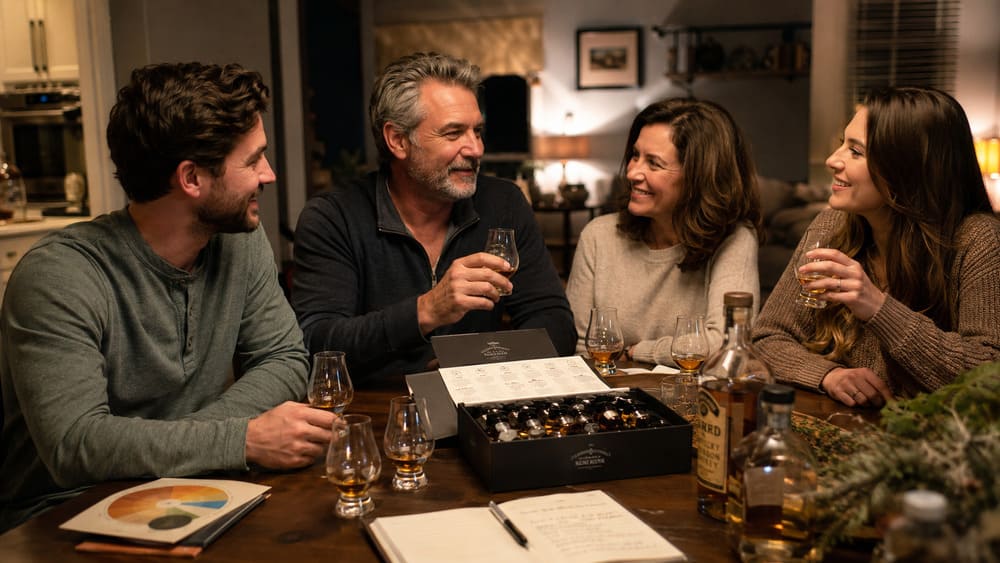 Father, mother, adult son, and adult daughter enjoying a whiskey tasting night together at home.