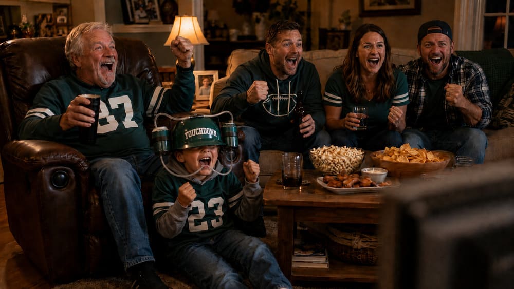 Three generations of a family cheering together in the living room during a football game at home.