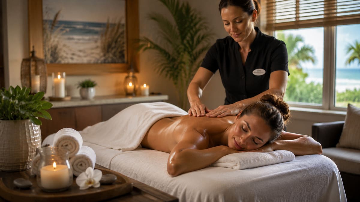 Woman enjoying a relaxing spa massage during a restful Myrtle Beach getaway.