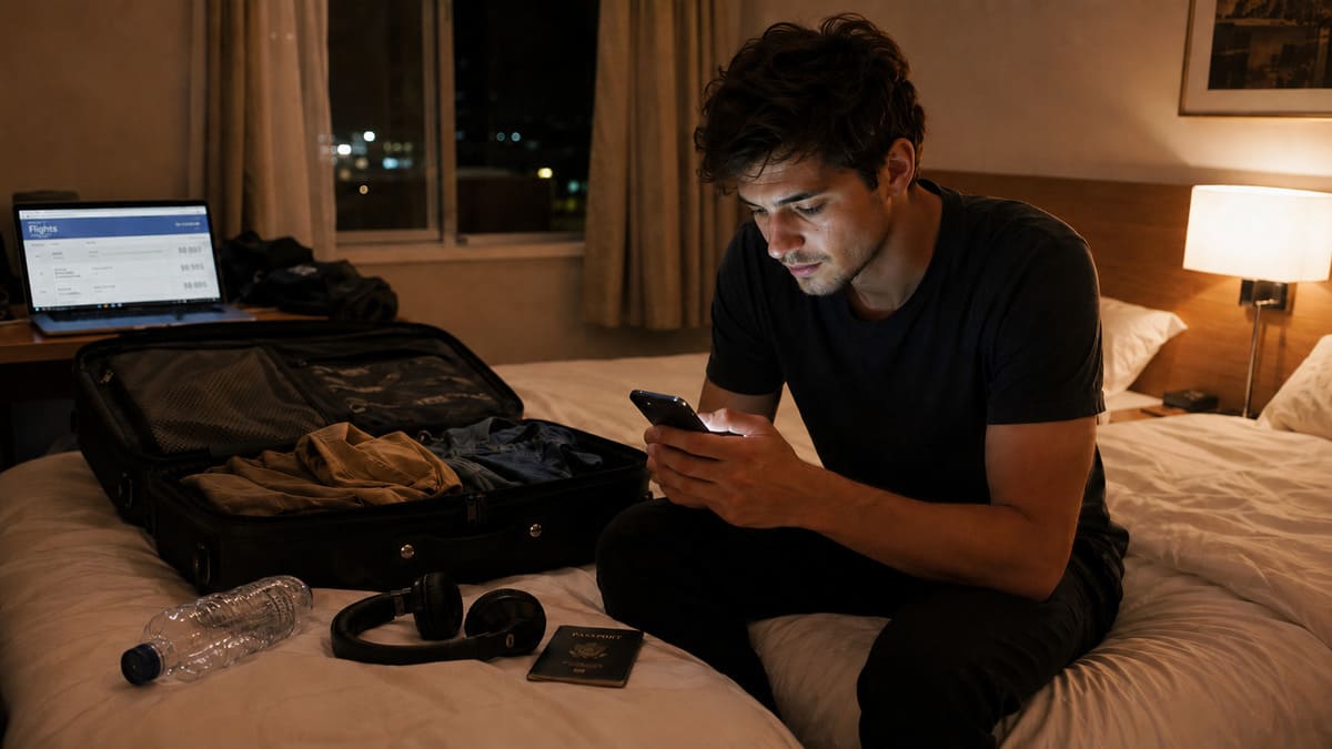 Traveler reviewing a last-minute travel deal on a phone while packing in a hotel room