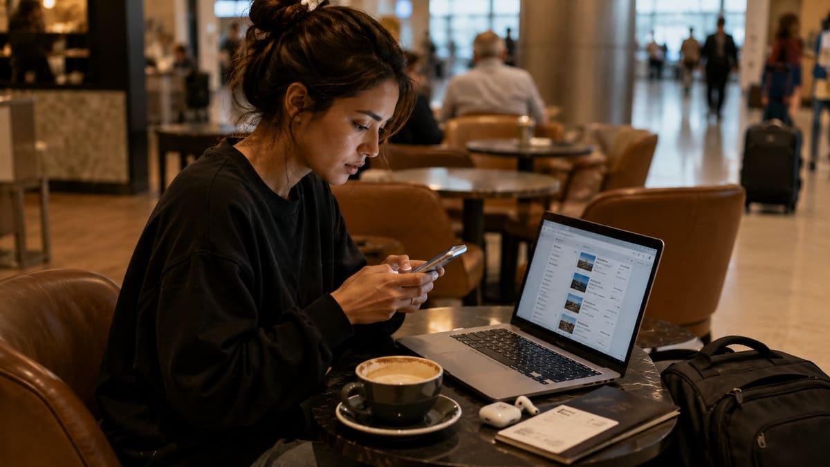Woman comparing travel booking platforms and last-minute deals in an airport lounge