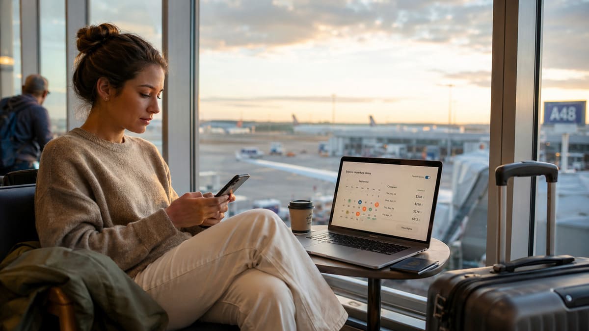 Woman checking travel dates and prices in an airport lounge during shoulder season