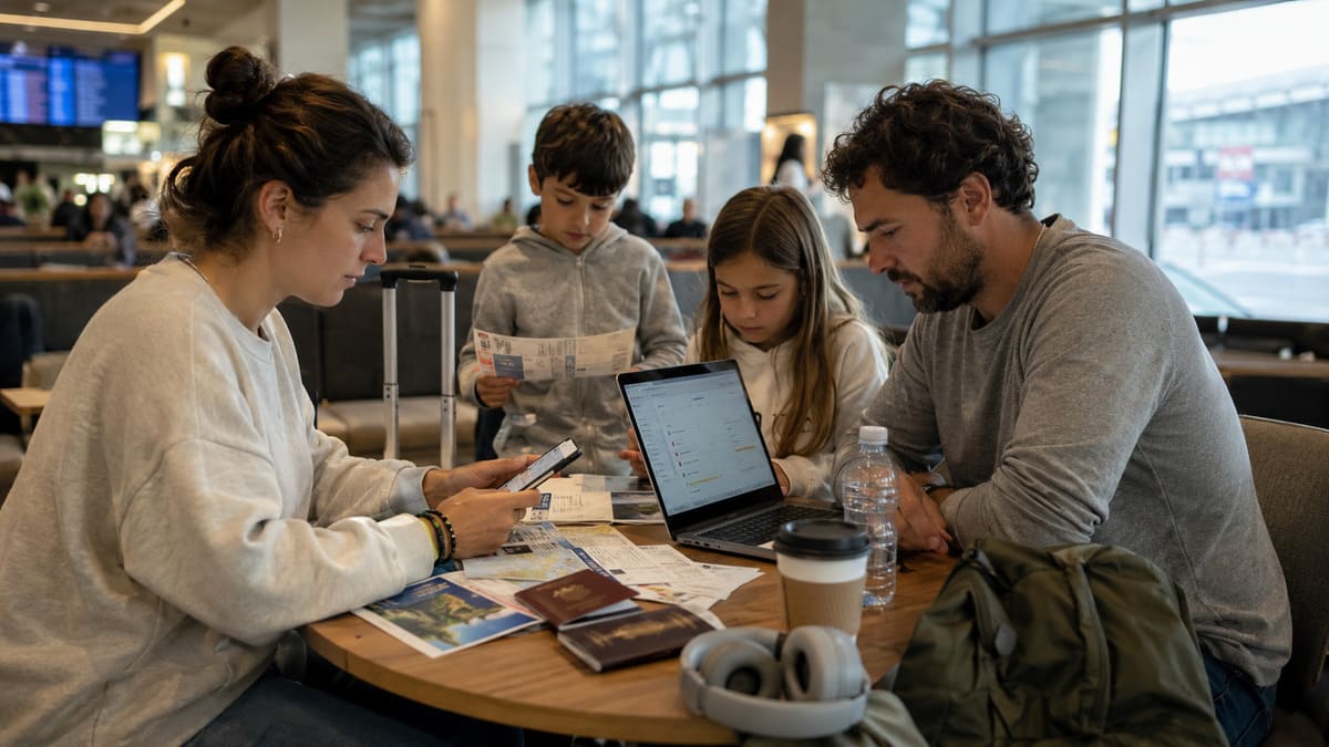 Family coordinating flights hotel bookings and activities for a last-minute trip in a travel lounge