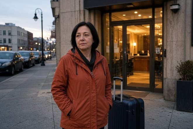 Viajera con equipaje frente a un hotel urbano iluminado al atardecer