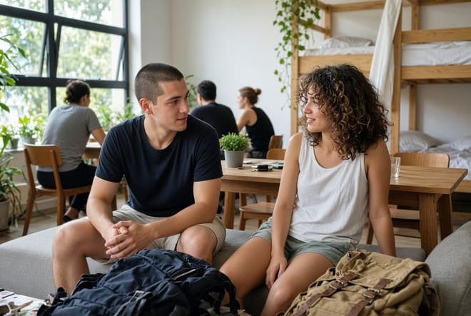 Dos viajeros conversando en un área común de hostel con literas y mochilas