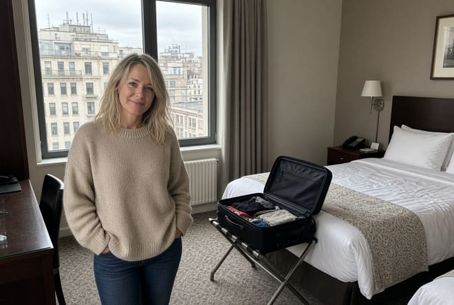 Viajera desempacando en una habitación de hotel con vista urbana
