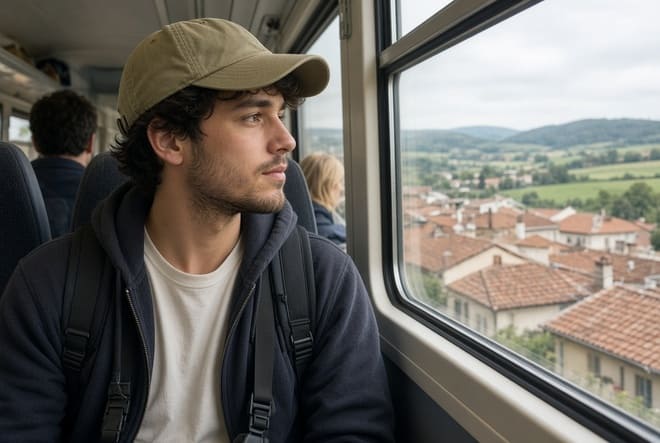 Joven con mochila mirando el paisaje desde la ventana de un tren