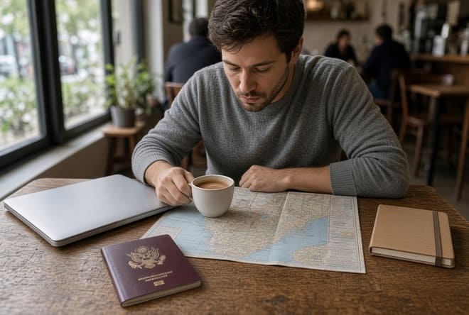 Viajero comparando un mapa junto a un pasaporte y una laptop en un café