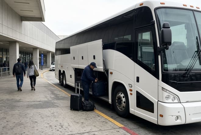 Autobús interurbano en una terminal mientras viajeros caminan junto al equipaje