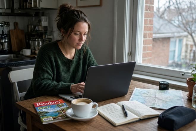 Mujer planificando un viaje en una laptop con un mapa y café cerca