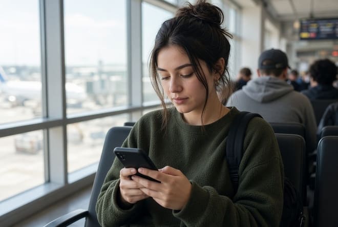 Viajera revisando su teléfono en una sala de aeropuerto con un avión afuera