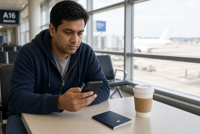 Viajero revisando su teléfono junto a un pasaporte y café en un aeropuerto
