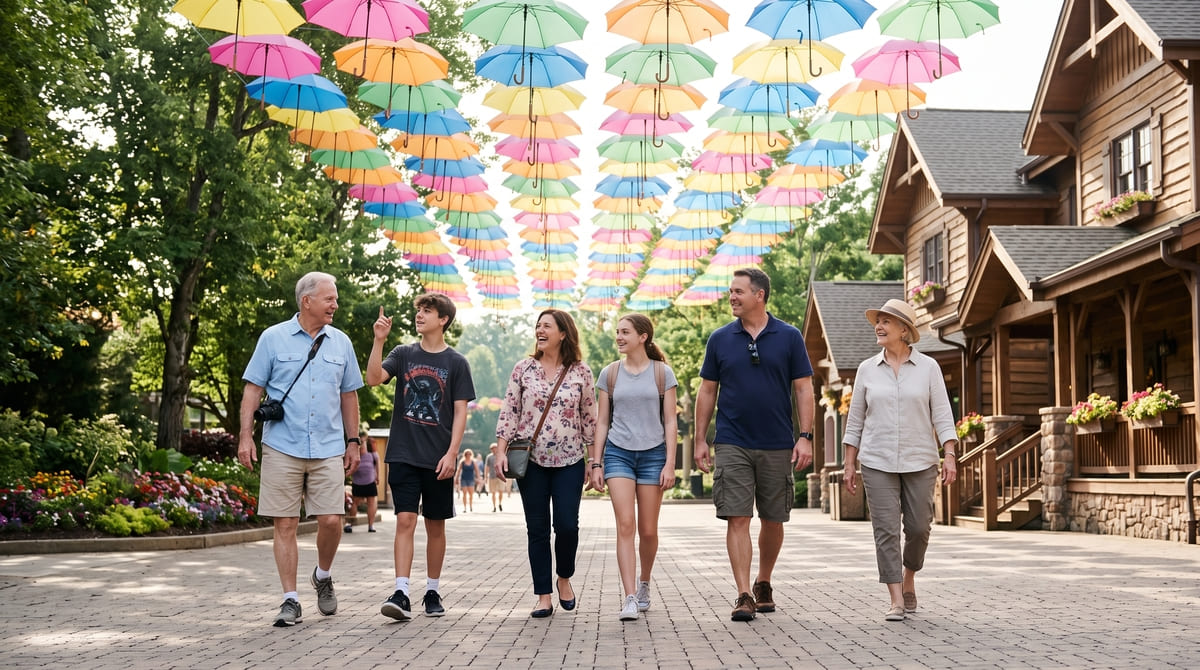 Seis familiares caminan bajo sombrillas de colores en un parque temático